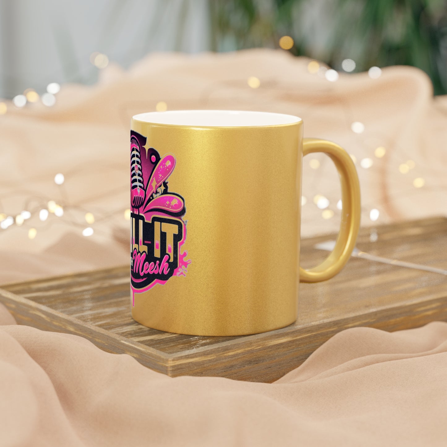 Spill-It with Meesh Metallic Mug - Fun Silver/Gold Coffee Cup for Podcast Lovers