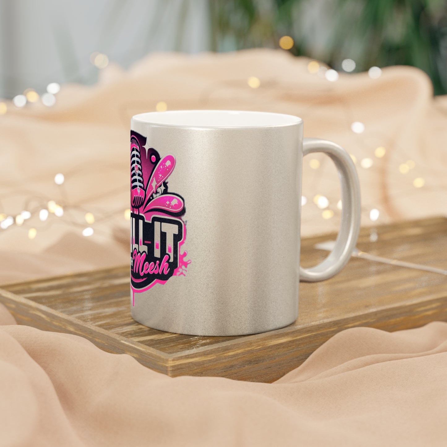 Spill-It with Meesh Metallic Mug - Fun Silver/Gold Coffee Cup for Podcast Lovers
